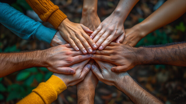 many human hands of various racial origins are folded in a circle, palms stacked on top of each other