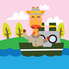 Cute cartoon adventure giraffe on a boat