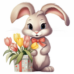 Watercolor hare rabbit clipart with gift and flowers
