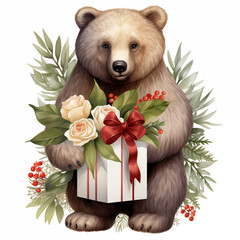 Watercolor bear clipart with gift and flowers
