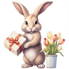 Watercolor hare rabbit clipart with gift and flowers
