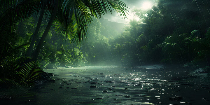 Mysterious Tropical Rainforest Water ,Jungle at night With Rain