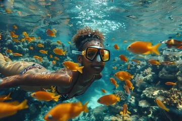 Fototapeten African girl in a mask swims on a coral reef © sofiko14