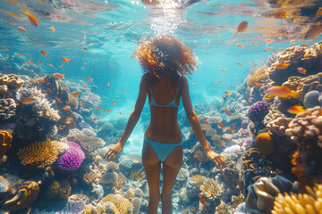 African girl in a mask swims on a coral reef