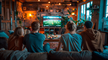 friends looking a soccer game together on the tv screen
