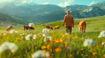 farmer with cattles in the background, standing on a pasture - obrazy, fototapety, plakaty