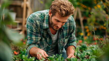 man in the field, planting lettuce and vegetables