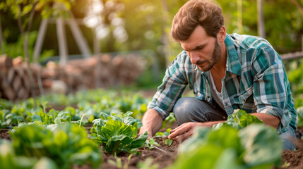 Fototapeta premium man in the field, planting lettuce and vegetables