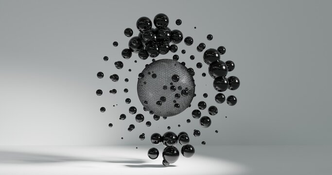 3d render of black abstract balls spheres in liquid water. Fluid abstract black spheres that blend