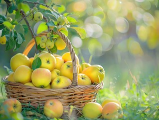 Yellow Apples in Basket, Rich Apples Harvest Banner, Ripe Fruits in Garden on Grass under Apple Tree