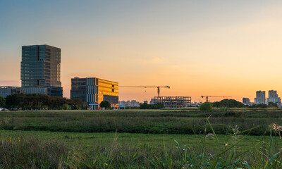 Obraz premium modern city business building behind the lawn