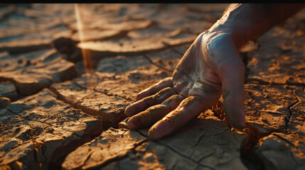 Hand extending from thirst to cracked soil