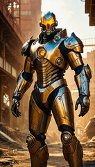 Fototapeta premium photo of steampunk armor man in apocalyptic world, generative AI