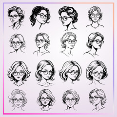 Set of women faces with glasses