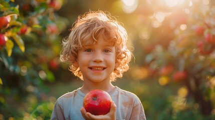 Little cute boy with an delicious fresh apple