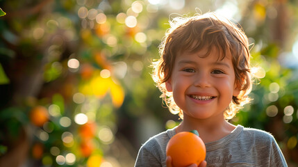 little boy holding a fresh orange in his hands
