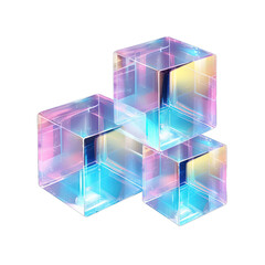 Set of 3d crystal glass cubes with refraction and holographic effect isolated on transparent background