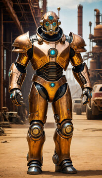 photo of steampunk armor man in apocalyptic world, generative AI