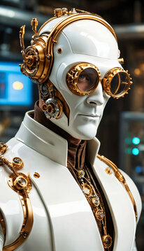 photo of cyborg steampunk man in apocalyptic world, generative AI