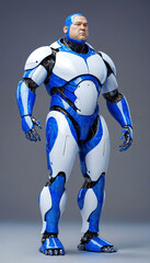 photo of overweight cyborg man with white armor and blue porcelain lines on grey background, generative AI