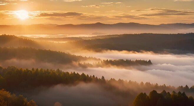 Sunlight Paints the Eerie Fog of a Silent Forest in Golden Hues