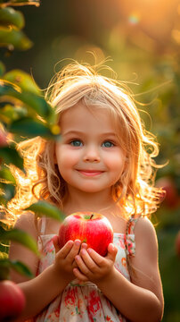 Little cute girl with an delicious fresh apple