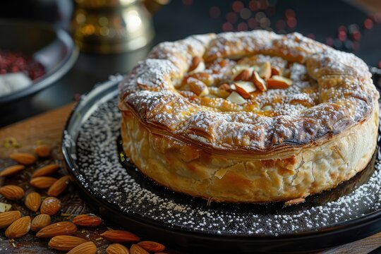 B'stilla or Bastilla, a Savory Moroccan Chicken Pie, Pastilla Pigeon Pie Topped with Almonds and Powdered Sugar