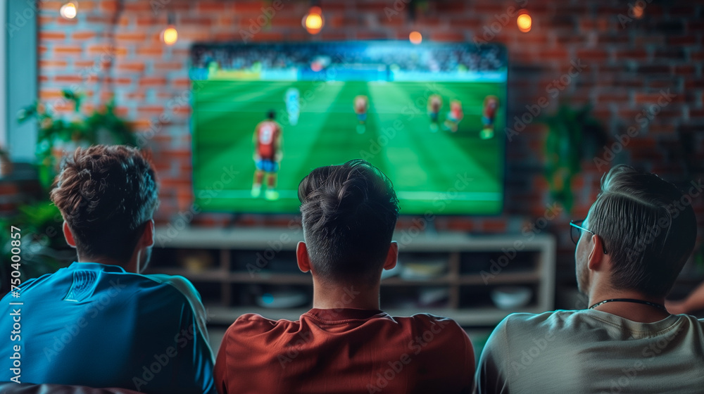 Wall mural friends looking a soccer game together on the tv screen