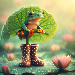 Tree frog with lotus leaf umbrella.Generative AI