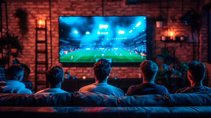 friends looking a soccer game together on the tv screen