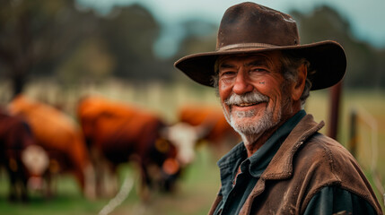 Obraz premium portrait of a farmer with cattles in the background, standing on a pasture