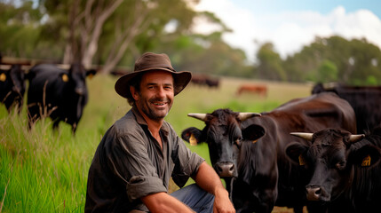 portrait of a farmer with cattles in the background, standing on a pasture