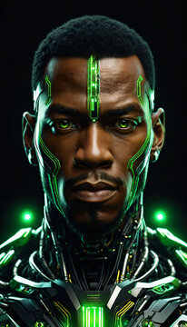 photo of cyborg man with glowing green circuit line on black background, generative AI