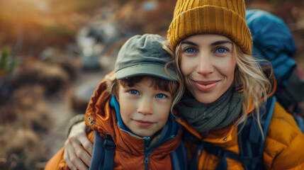 Fototapeta na wymiar Smiling mother and son on a hiking trip, both dressed in warm autumn outdoor gear, with a natural blurred background.