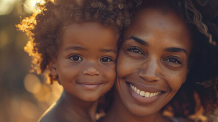 A close-up of a African American mother and son, their faces alight with smiles, capturing the richness of their combined heritage and the deep bond they share. - obrazy, fototapety, plakaty