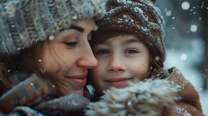 Mother and child share a cozy embrace, wrapped in warm winter clothes as snowflakes gently fall around them.