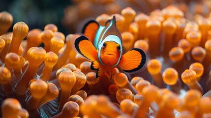 A clown anemonefish shelters within its sea anemone's tentacles. - obrazy, fototapety, plakaty