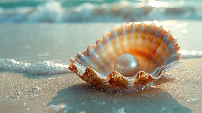 Photograph of a Caribbean pearl inside a clam shell on a white sand beach