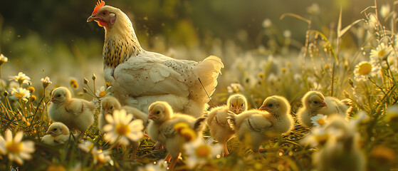 spring on a meadow, a mother hen is leading several chicks as they search for insects among the flowers. blurred background - obrazy, fototapety, plakaty