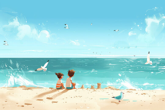 children playing on the beach, vector illustration, no gradients.