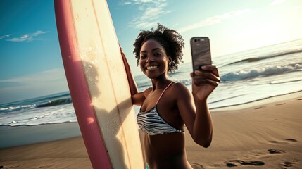 Young smiling black woman with a surfboard takes a selfie on a mobile phone at the beach by the ocean. Beach lifestyle