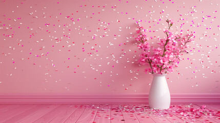 Happy Valentines Day! Pink blossoming flowers in front of pink wall. Minimalistic design.. Spring,...