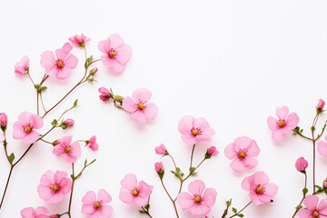 Top view Flowers composition. Pink flowers on white background. Flat lay