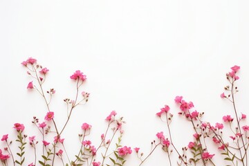 Top view Flowers composition. Pink flowers on white background. Flat lay