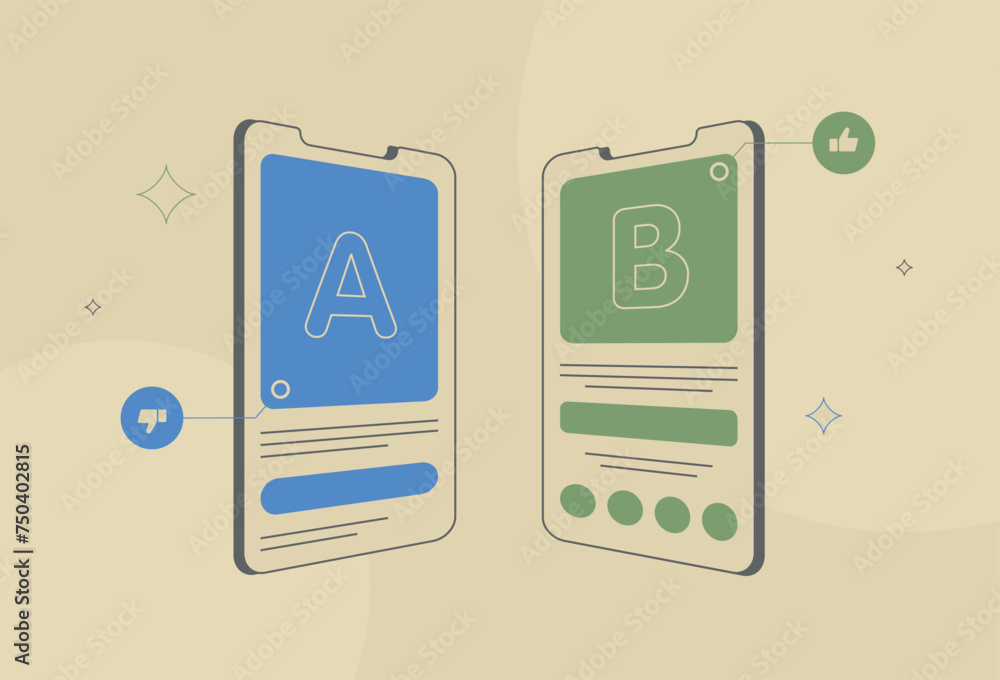 Poster ab testing graphics, mobile app split test comparison icons, data analysis and experiment results, m