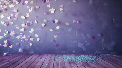 Heart shaped confetti in front of purple wall. Love celebration, birthday or valentines day banner.