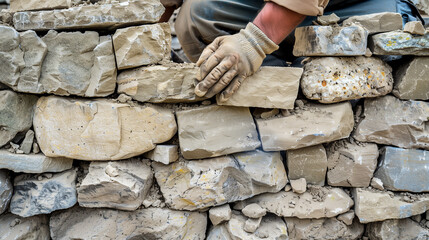 Photograph of a bricklayer constructing a stone wall