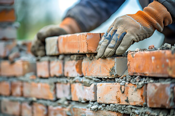 Photograph of a bricklayer constructing a brick wall - obrazy, fototapety, plakaty