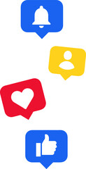 Social media icon reactions, love, like, thumbs up, add friend and notification