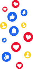Social media icon reactions, love, like, thumbs up, add friend and notification